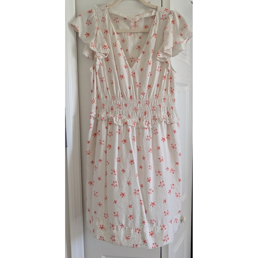 Rebecca Taylor Silk Blend Floral Polka Dot Flutter Sleeve Smocked Dress Large
